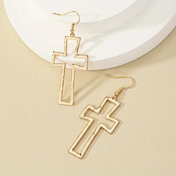 NEW Gold Hollow Cross Dangle Earrings – Vintage Boho Style Jewelry - Picture 1 of 3